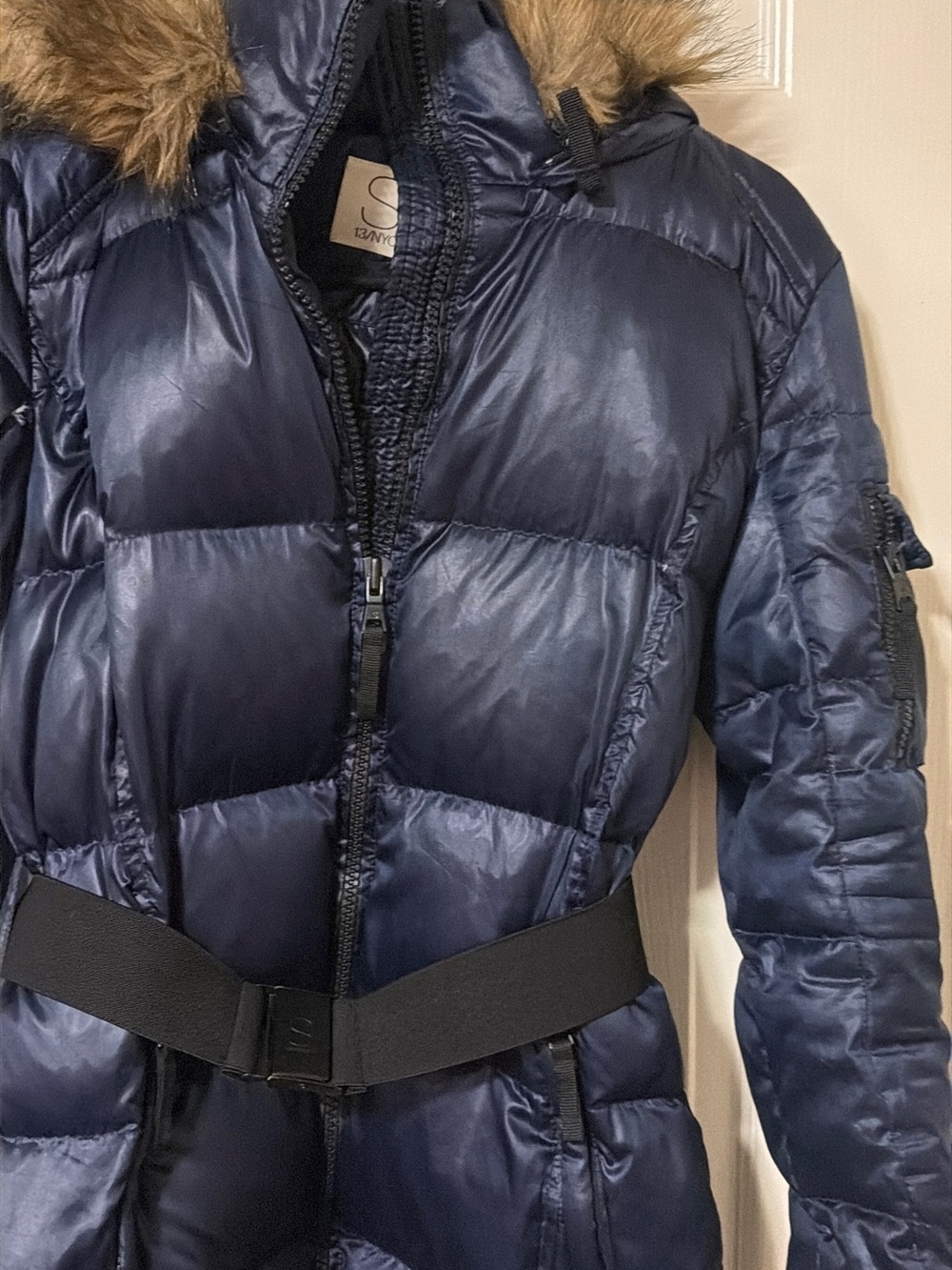 S/13 Navy Quilted Puffer Coat with Faux Fur Hood